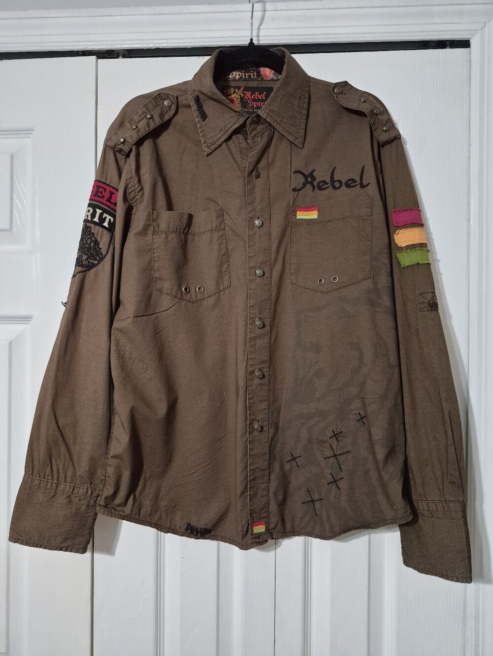 Rebel Spirit Brown Military-Style Patch Shirt